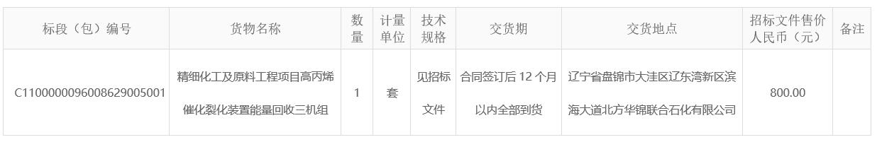 北方华锦联合石化有限公司精细化工及原料工程项目420万吨每年高丙烯催化裂化装置能量回收三机组招标公告 北方华锦联合石化有限公司精细化工及原料工程项目420万吨每年高丙烯催化裂化装置能量回收三机组招标公告